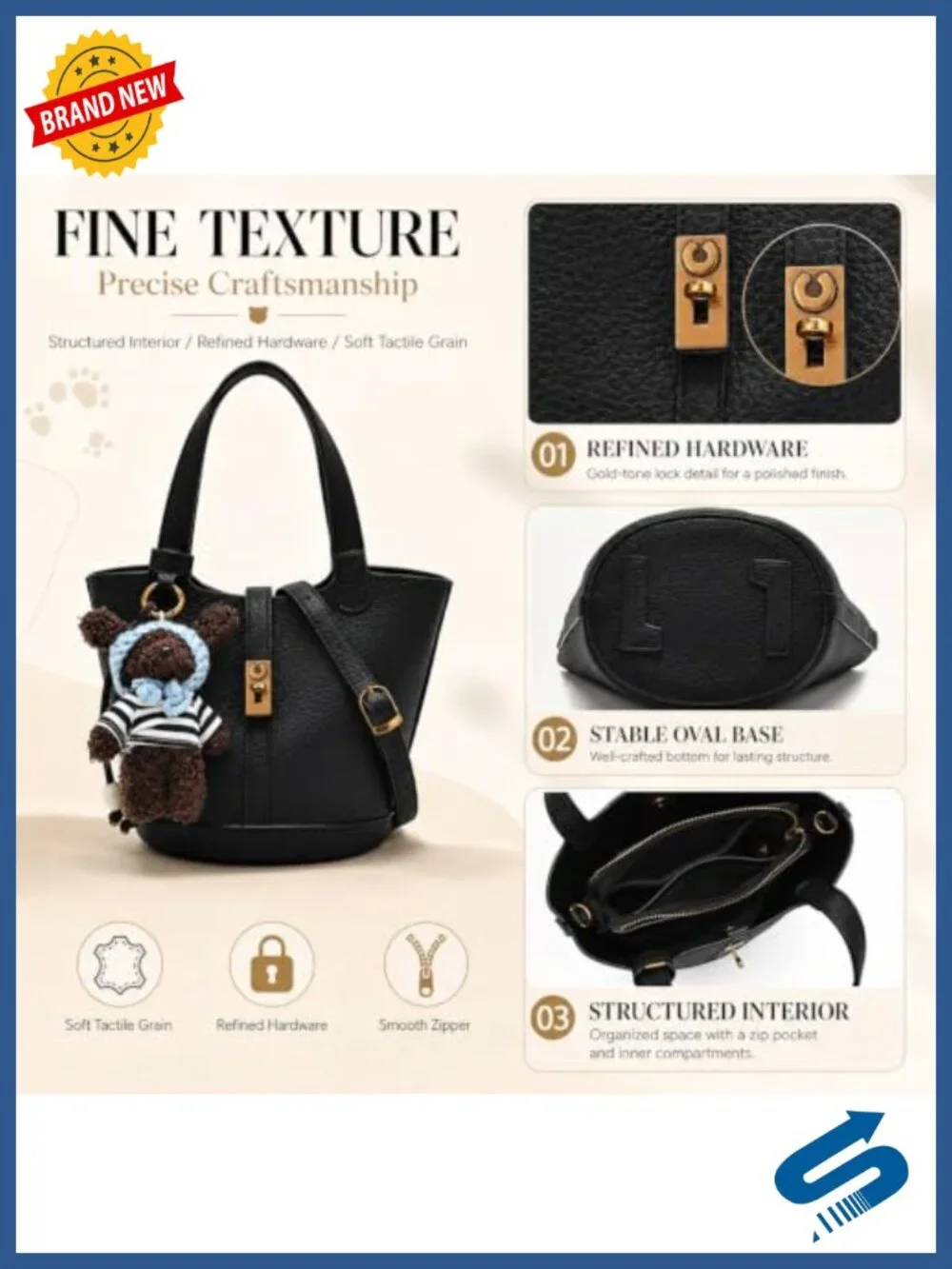 Mini Pebbled PU Leather Bucket Tote Crossbody Handbag with Lock and Charm